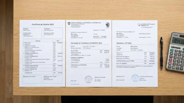 Documents officiels de cotisations sociales suisses (certificat de salaire, décompte AVS, relevé LPP) disposés sur un bureau avec taux et montants 2026 visibles en français