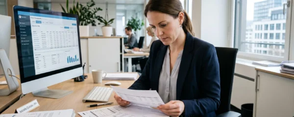 Responsable RH dans un bureau suisse moderne consultant des bulletins de salaire et décomptes de cotisations sociales, avec un écran affichant un logiciel de gestion de paie en arrière-plan