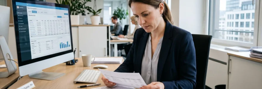 Responsable RH dans un bureau suisse moderne consultant des bulletins de salaire et décomptes de cotisations sociales, avec un écran affichant un logiciel de gestion de paie en arrière-plan