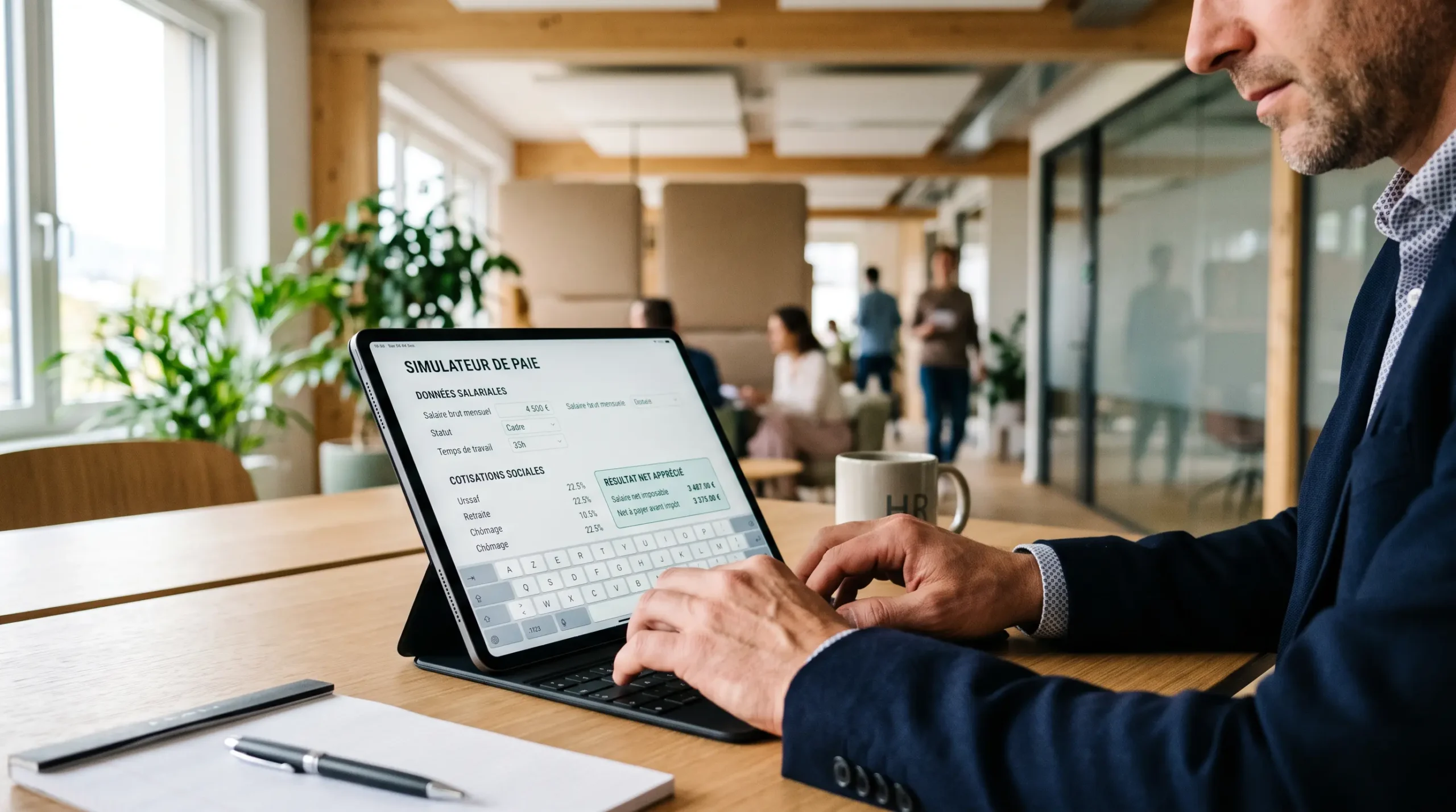 Responsable RH saisissant des données dans un simulateur de paie en ligne sur tablette, avec interface de calcul de cotisations sociales visible à l'écran
